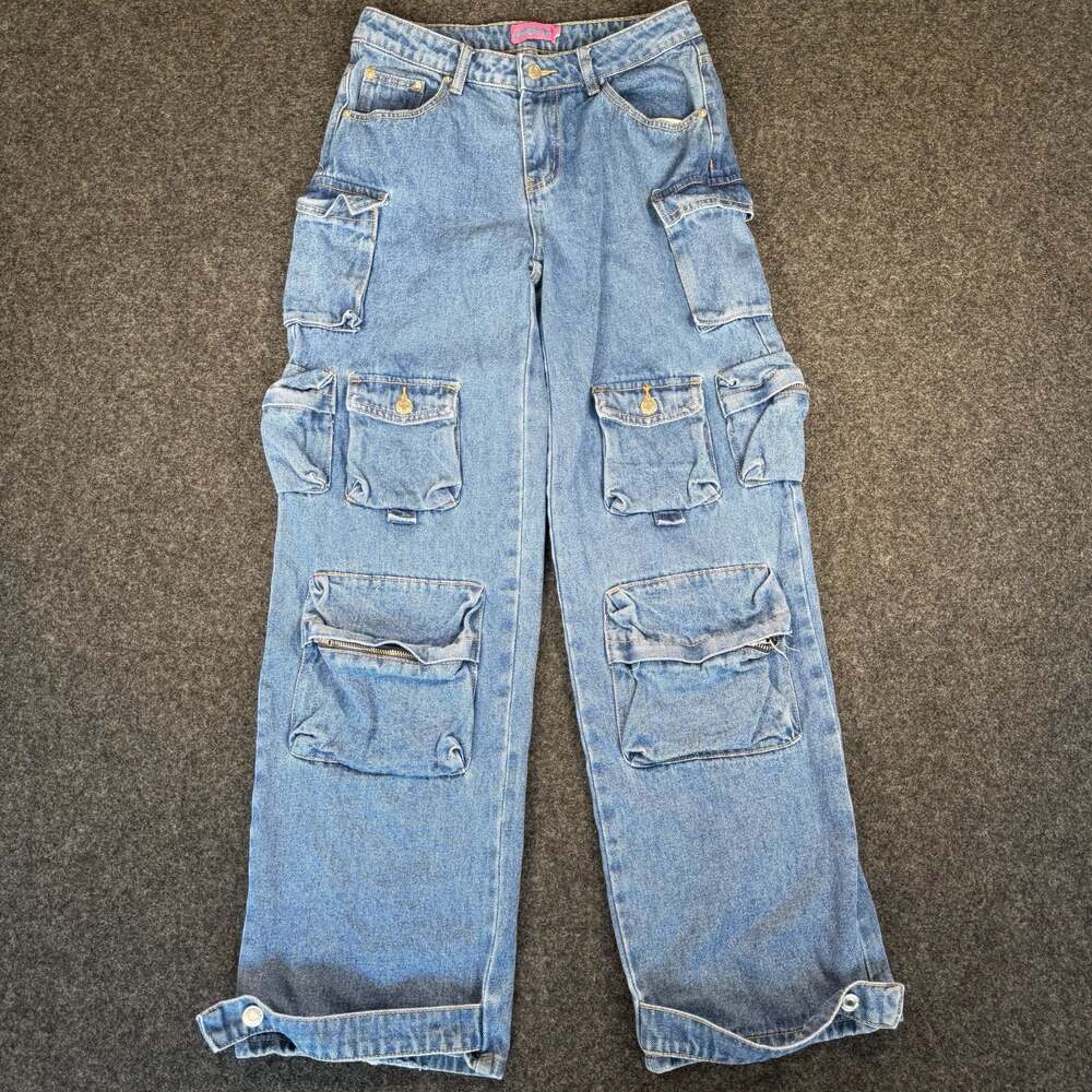 Edikted Women's Baggy Denim Cargo Pants with Multi Pockets